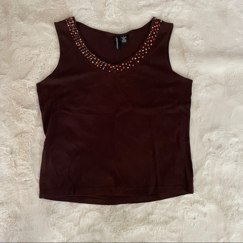 Brown Sleeveless Tank With Beaded Neckline